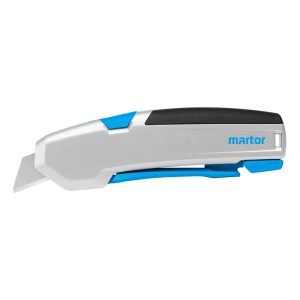 Coltello di sicurezza Martor Secupro 625 con manico in alluminio e lama trapezoidale.