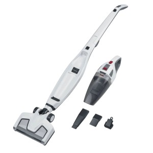 Aspirateur balai et à main Severin 2-en-1 HV 7173 blanc, avec aspirateur à main détachable et accessoires.