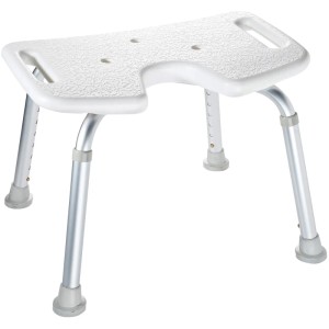 Tabouret de douche Ridder blanc réglable en hauteur avec découpe hygiénique et cadre en aluminium.