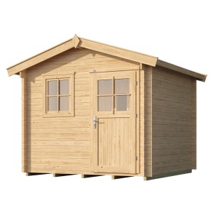 Weka Saunahaus Mikkeli ensemble avec four : Maison en bois avec fenêtre et porte.