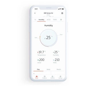 Smartphone mit App zur Anzeige von Temperatur, Luftfeuchtigkeit und Luftqualität des Mill Sense Air Raumluftqualitätsmonitors.