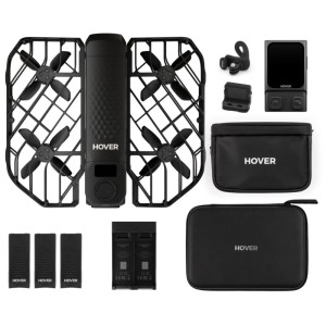 Drone fotografico Hoverair X1 Pro nero pieghevole con protezioni eliche, batterie e accessori Cycling Kit.