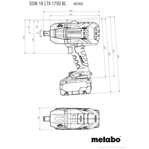 Disegno tecnico: Avvitatore a impulsi a batteria Metabo SSW 18 LTX 1750 BL. Vista laterale e dall'alto con misure.