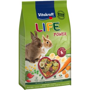 Vitakraft Coniglio Cibo Life Power 600g con carote, banane e due conigli sulla confezione.