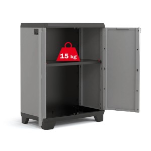 Armoire basse ouverte Keter Stilo en plastique gris avec étagères réglables.