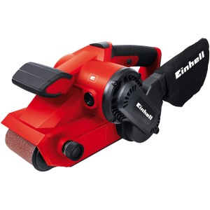 Ponceuse à bande rouge Einhell TC-BS 8038 avec sac à poussière. Idéale pour poncer le bois et d'autres matériaux.