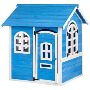 Blau-weißes Beliani Gartenspielhaus Kokkoni aus Holz mit Tür und Fenstern.