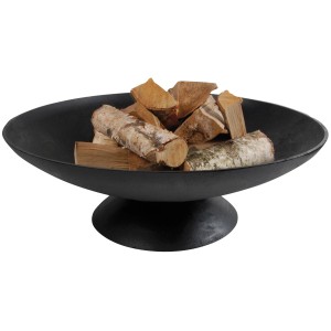 Brasero XL rond en fonte noire avec du bois de chauffage pour les feux de jardin.
