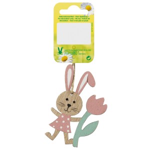 Ciondolo in legno coniglietto con tulipano rosa, 8 cm, per decorazioni pasquali.