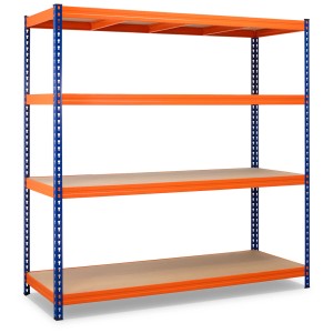 Étagère charge lourde Robus 400 orange/bleu avec 4 tablettes MDF. Étagère métallique robuste pour atelier et stockage.