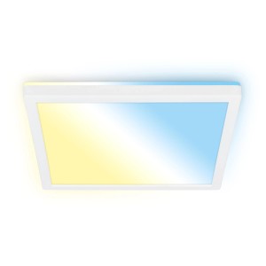 Plafonnier LED carré blanc Briloner Kada avec changement de couleur et effet de rétroéclairage.
