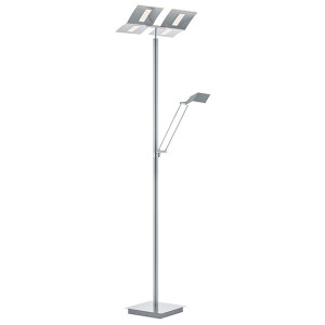 Moderna lampada da terra a LED Mondilux Empoli, alta 180 cm, in nichel opaco con due teste luminose e braccio di lettura.