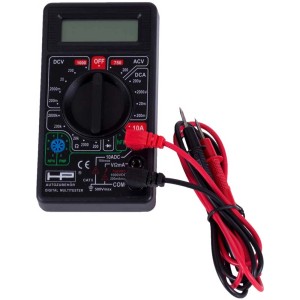 Multimetro digitale per auto elettrica con cavi e display.