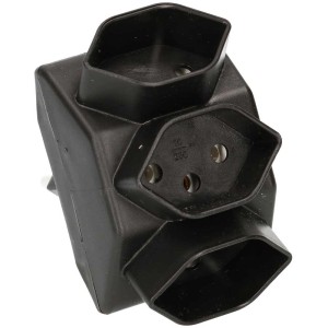 Schwarzer Max Hauri Abzweigstecker mit 3 T13 Steckdosen für den Innenbereich.