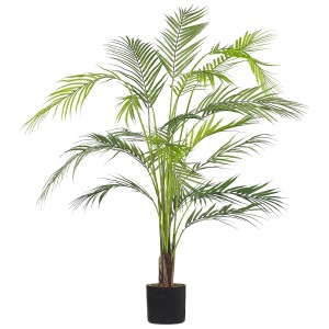 Dettaglio della pianta artificiale Areca Palm (altezza 124 cm) in vaso nero. Pianta decorativa da interno.