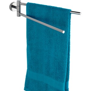 Wenko Handtuchhalter Bosio mit 2 Armen aus glänzendem Edelstahl, mit blauem Handtuch.