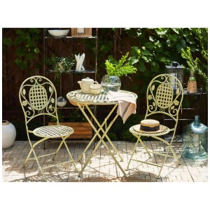 Set bistro Bivio in metallo verde chiaro per balcone o giardino, composto da tavolo e due sedie.