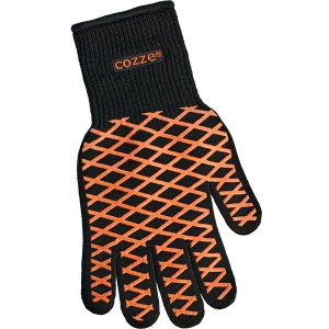 Cozze Pizzahandschuh, hitzebeständig, schwarz-orange mit Rautenmuster für sicheren Grill- und Ofengebrauch.
