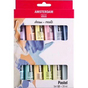 Set de peintures acryliques Amsterdam Pastel, 12 tubes de 20 ml, dans un emballage rouge. Teintes pastel lilas, jaunes et bleues visibles.