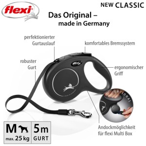 Guinzaglio avvolgibile Flexi New Classic nero, taglia M, lunghezza 5 m per cani fino a 25 kg.