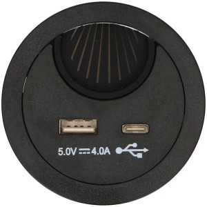 Passe-câble noir avec chargeur USB-A et USB-C pour goulottes.