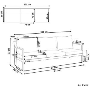 Disegno quotato del divano da giardino Beliani Kiato 3 posti. Mostra le dimensioni dettagliate per questo arredo lounge.