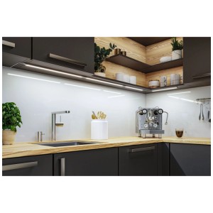 Kit d'extension Paulmann LED Inline en chrome mat sous meuble de cuisine, éclairé.