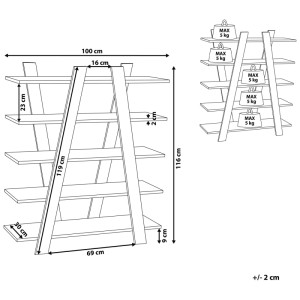 Étagère Beliani Escalante: Dimensions et charge. Étagère scandinave à 5 niveaux, 116 cm de haut, 5 kg par niveau.