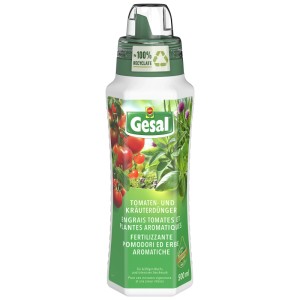 Gesal Engrais Tomates et Plantes Aromatiques, flacon de 500ml pour un arôme intense et une croissance saine.