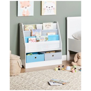Étagère enfant Beliani Tumby blanche en panneau de fibres avec 3 étagères ouvertes et 2 boîtes de rangement pour livres et jouets.