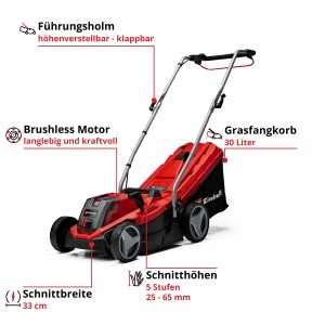 Tagliaerba a batteria Einhell GE-CM 18/33 Li-Solo, rosso/nero, con manico pieghevole e cesto di raccolta.