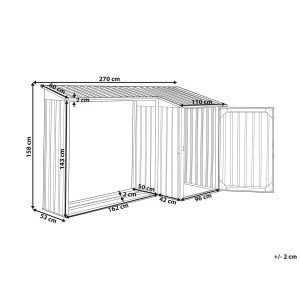 Schéma : Abri de jardin Beliani Aosta avec rangement pour bois, dimensions et détails.