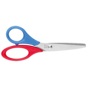 Kinderschere Schnippy 426 für Linkshänder, 13 cm, mit blauen und roten Griffen.