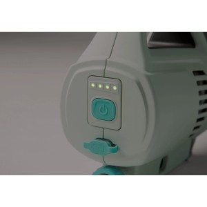 Gros plan : Aspirateur de piscine sans fil Intex avec indicateur de batterie et bouton d'alimentation.