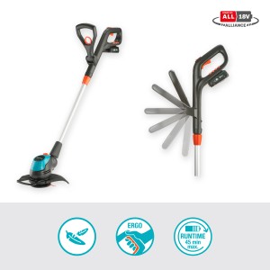 Gardena Akku-Trimmer EasyCut 23/18V P4A Set, con testa girevole e batteria. Ideale per bordi prato.