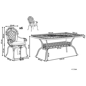 Dessin technique: Ensemble de jardin Beliani Lizzano 6 places. Table et 6 chaises au design rétro avec dimensions.