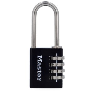 Master Lock Zahlen-Vorhängeschloss, 4-stellig, schwarz, mit langem Bügel.