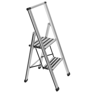 Scala pieghevole Wenko in alluminio a 2 gradini con barra di sicurezza.