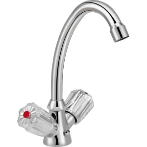 Miscelatore lavabo a due maniglie Ledro cromato con maniglie in acrilico trasparente.