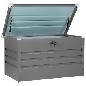Box contenitore Beliani Cebrosa in acciaio grigio aperta, 60x100x62cm, con serratura. Box universale per utensili da giardino.