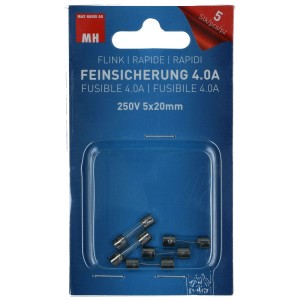 Fusibili rapidi, 5 pezzi, 250V/4A, in confezione blu.