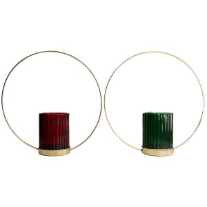 Bougeoirs en verre assortis avec anneau doré. Bougeoirs en rouge et vert.