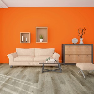Salon avec sol vinyle à clipser Eiche Trend avec isolation phonique intégrée aspect bois.