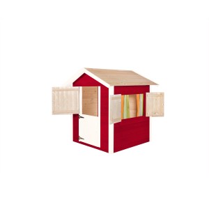 Weka Drachenhöhle Tabaluga, cabane de jeu pour enfants rouge et blanche avec volets et porte à deux battants.