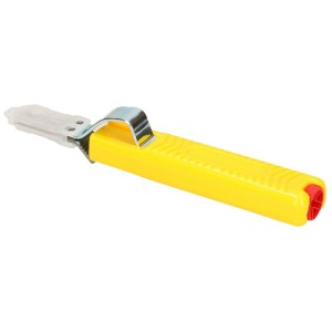Spellacavi giallo con lama a uncino per cavi.