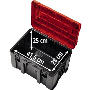 Mallette à outils ouverte Einhell Systemkoffer E-Case M avec couvercle rouge et dimensions.