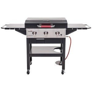 Char-Broil Griddle 3400 Gasgrill mit Grillplatte, 3 Brennern, Ablagen und Deckel.
