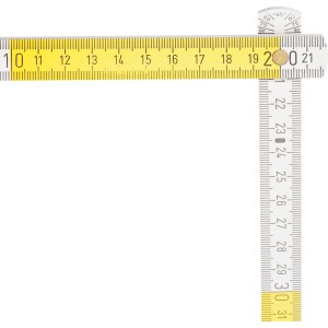 LUX Comfort mètre pliant en bois 2 m en hêtre, laqué jaune et blanc, ouvert à un angle de 90 degrés.