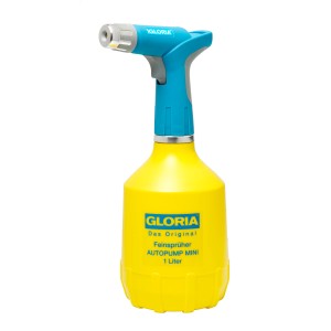 Gloria Pulvérisateur fin AutoPump Mini, 1 litre, jaune/bleu. Pulvérisateur à pression avec batterie pour l'entretien des plantes.
