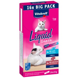 Vitakraft Liquid Snack Multipack: Snack per gatti con salsiccia di fegato e salmone, confezione da 16.